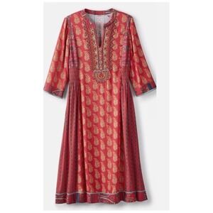 Soft Surroundings Phoenix Red Paisley Embroider Midi Dress 3/4 Sleeve sz S boho